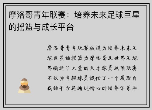 摩洛哥青年联赛:培养未来足球巨星的摇篮与成长平台 摩洛哥青年联赛:培养未来足球巨星的摇篮与成长平台