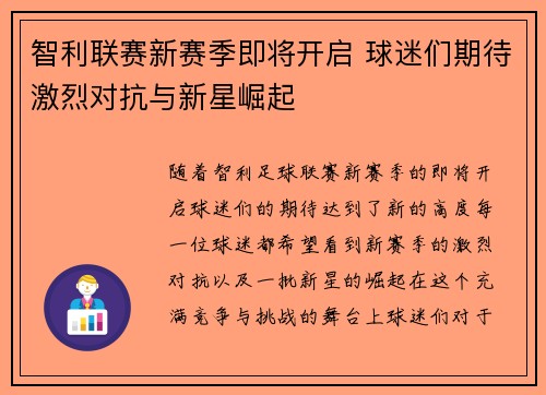 智利联赛新赛季即将开启 球迷们期待激烈对抗与新星崛起