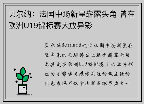 贝尔纳：法国中场新星崭露头角 曾在欧洲U19锦标赛大放异彩