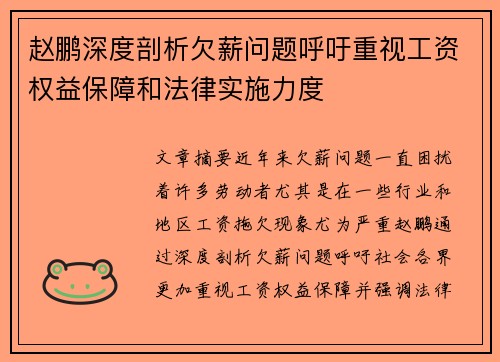 赵鹏深度剖析欠薪问题呼吁重视工资权益保障和法律实施力度